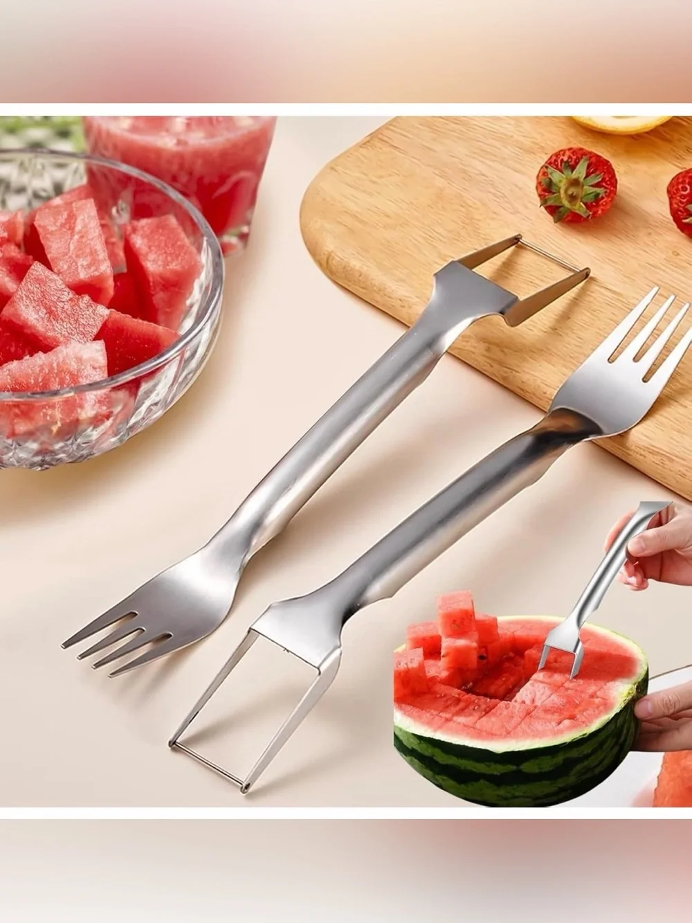 2-in-1 Stainless Steel Fruit Cutter Watermelon Cutter Fork